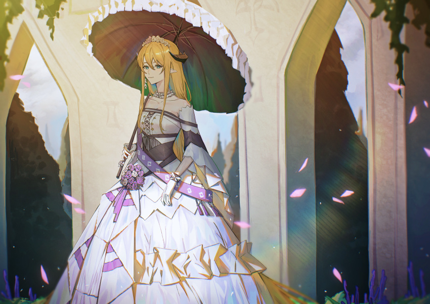 1girl absurdly_long_hair absurdres architecture arknights bare_shoulders blonde_hair blue_eyes closed_mouth collar collarbone demon_horns detached_sleeves dress eyebrows_behind_hair flower forest full_body gloves hair_between_eyes hair_flower hair_ornament highres holding holding_umbrella horns ivy jijiuchi_(g9lr) lavender_(flower) lens_flare light_smile lips long_hair looking_at_viewer nature off-shoulder_dress off_shoulder official_alternate_costume outdoors parasol petals pointy_ears purple_flower purple_rose rose saileach_(appreciate_fragrance)_(arknights) saileach_(arknights) solo standing tree tsurime umbrella very_long_hair white_collar white_dress white_flower white_gloves white_rose white_sleeves wide_sleeves