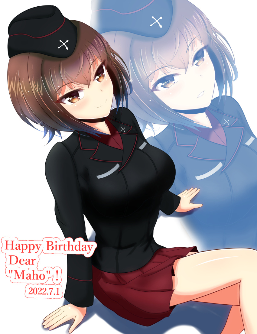 1girl birthday black_headwear black_jacket brown_eyes brown_hair dated dress_shirt feet_out_of_frame from_above garrison_cap girls_und_panzer hat highres insignia jacket kumaisao kuromorimine_military_uniform long_sleeves looking_at_viewer looking_up military_hat nishizumi_maho pleated_skirt red_shirt red_skirt shirt short_hair skirt solo wing_collar