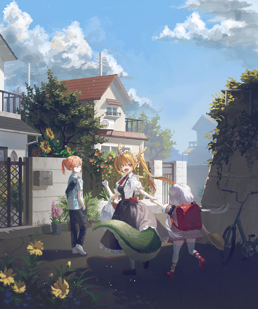 3girls ascot backpack bag bicycle blonde_hair breasts clouds cloudy_sky dragon_girl fajyobore fang fang_out flower glasses gloves ground_vehicle hair_between_eyes hands_in_pockets hat hat_removed headwear_removed highres holding_hands horns kanna_kamui kobayashi-san_chi_no_maidragon kobayashi_(maidragon) large_tail leek long_hair low_twintails maid maid_headdress medium_breasts multiple_girls open_mouth orange_eyes outdoors plant ponytail puffy_short_sleeves puffy_sleeves randoseru redhead scales short_hair short_sleeves sky sunflower tail thigh-highs tohru_(maidragon) twintails white_gloves white_hair white_legwear yellow_flower yellow_headwear