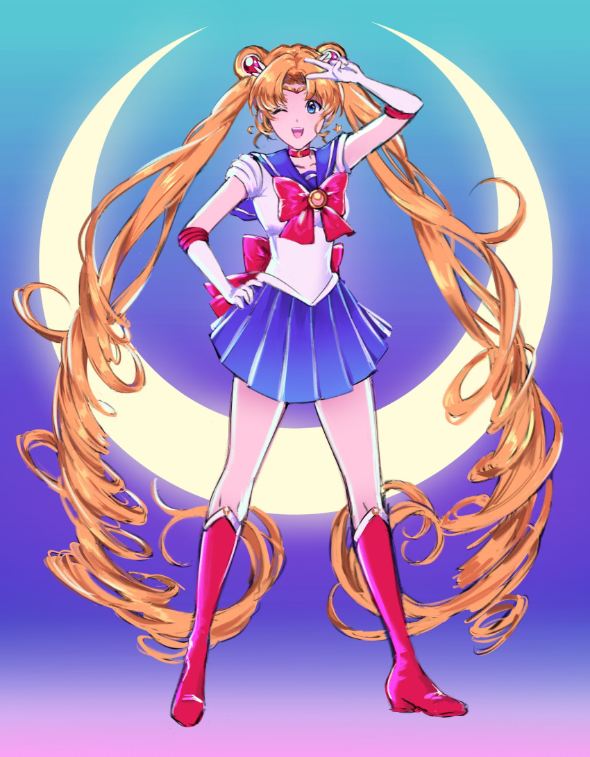 1girl arm_up back_bow bishoujo_senshi_sailor_moon blonde_hair blue_eyes blue_skirt boots bow breasts choker commentary_request crescent_moon double_bun earrings elbow_gloves full_body gloves gradient gradient_background hair_bun hair_ornament hand_on_hip hand_to_own_face highres jewelry kivavis knee_boots long_hair medium_breasts moon one_eye_closed open_mouth partial_commentary red_bow red_footwear sailor_collar sailor_moon sailor_senshi_uniform school_uniform shirt sidelocks skirt smile solo teeth tiara tsukino_usagi upper_teeth v very_long_hair wavy_hair white_gloves white_shirt