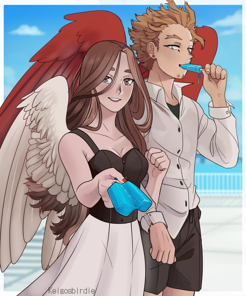 1boy 1girl artist_name bare_arms bare_shoulders black_pants blonde_hair boku_no_hero_academia border breasts brown_eyes brown_hair clouds collared_shirt day dress eating facial_hair feathered_wings food hawks_(boku_no_hero_academia) hetero highres holding holding_food keigosbirdie locked_arms long_sleeves looking_at_viewer original pants popsicle red_nails red_wings shirt short_hair sleeveless sleeveless_dress smile standing stubble white_border white_shirt white_wings wings