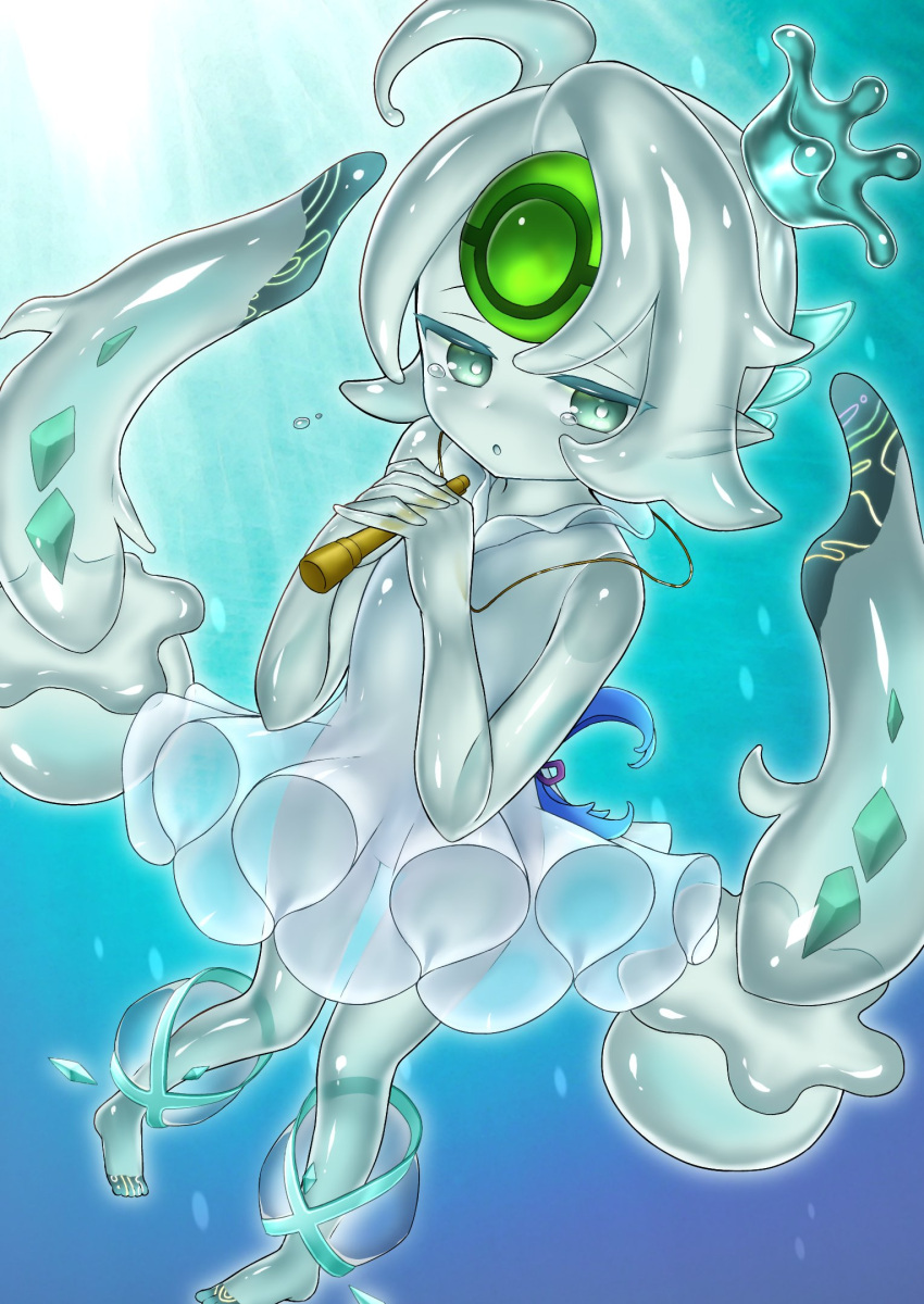 1girl barefoot blue_theme colored_skin crown curss detached_hair dress green_eyes grey_hair grey_skin highres holding jellyfish jewelry looking_at_viewer mini_crown monster_girl necklace original own_hands_together parted_lips pigeon-toed pointy_ears slime_girl solo tears twintails underwater white_dress