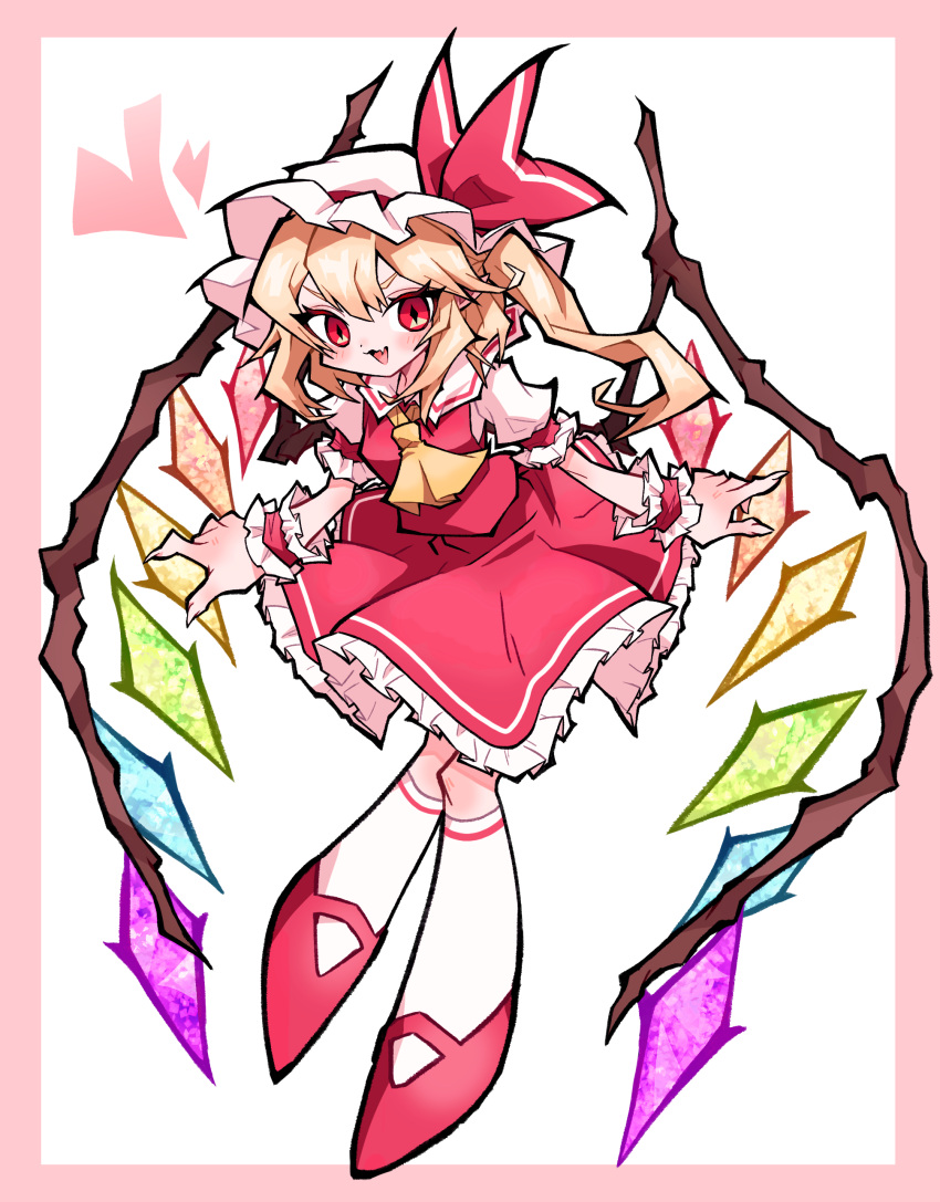 1girl :d absurdres ascot bangs blonde_hair blush border collared_shirt crystal diamond-shaped_pupils diamond_(shape) english_commentary fang flandre_scarlet frilled_skirt frilled_sleeves frills full_body hat hat_ribbon heart highres il_cocokana kneehighs long_hair looking_at_viewer mary_janes mob_cap one_side_up pink_border puffy_short_sleeves puffy_sleeves red_eyes red_footwear red_ribbon red_skirt red_vest ribbon shirt shoes short_sleeves skin_fang skirt smile solo symbol-shaped_pupils touhou v-shaped_eyebrows vest white_background white_headwear white_legwear white_shirt wings wrist_cuffs yellow_ascot
