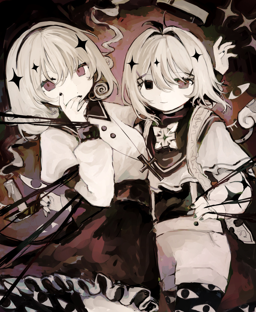 2girls absurdres ahoge black_eyes black_legwear blank_stare brown_eyes closed_mouth cross cross_necklace extra_eyes halo head_rest heterochromia highres jewelry looking_at_viewer mukoto_muku multiple_girls nail_polish necklace original pale_skin shorts skirt smile