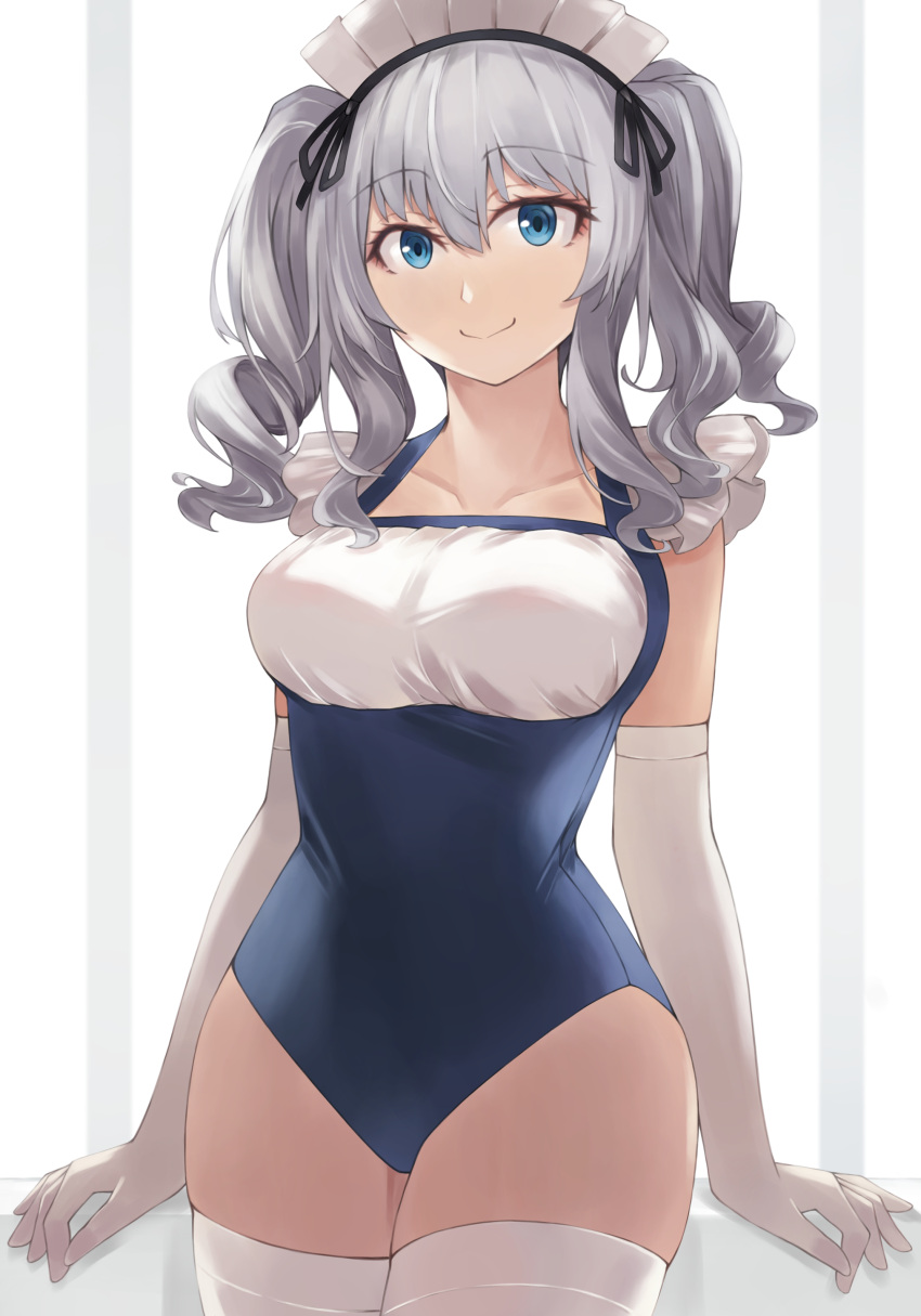 1girl absurdres alternate_costume beisaku_bei blue_eyes blue_swimsuit breasts closed_mouth cowboy_shot elbow_gloves enmaided gloves grey_hair hair_between_eyes highres kantai_collection kashima_(kancolle) large_breasts long_hair maid maid_headdress maid_swimsuit school_swimsuit sidelocks smile solo standing swimsuit thigh-highs twintails wavy_hair white_gloves white_legwear