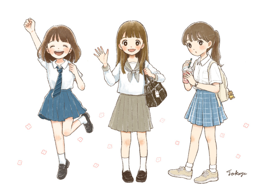 3girls :d arm_up backpack bag bag_charm bangs blush_stickers bobby_socks brown_eyes brown_hair charm_(object) closed_eyes collared_shirt cup disposable_cup drink drinking_straw fist_pump flower holding holding_cup holding_drink holding_strap loafers long_hair medium_hair multiple_girls necktie open_mouth original parted_lips plaid plaid_skirt pleated_skirt ponytail raised_fist school_bag school_uniform serafuku shirt shirt_tucked_in shoes signature skirt smile sneakers socks standing standing_on_one_leg striped_necktie tokoyu walking watch watch waving
