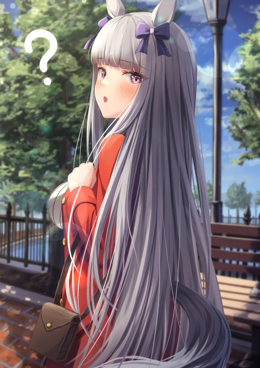 1girl :o ? animal_ears bag bangs bench blue_sky bow brick_floor clouds cloudy_sky commentary gold_ship_(umamusume) hair_bow highres horse_ears horse_girl horse_tail jacket long_hair long_sleeves looking_at_viewer looking_back no_hat no_headwear open_mouth outdoors pants purple_hair red_jacket red_pants renshuunomi shoulder_bag sky solo tail tree umamusume violet_eyes