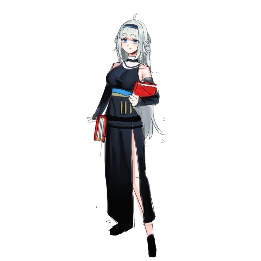 1girl absurdres ahoge bare_shoulders black_dress black_hairband blue_eyes book braid closed_mouth dress grey_hair hairband highres holding holding_book jiki_(gkdlfnzo1245) long_hair original simple_background sketch smile solo standing turtleneck white_background