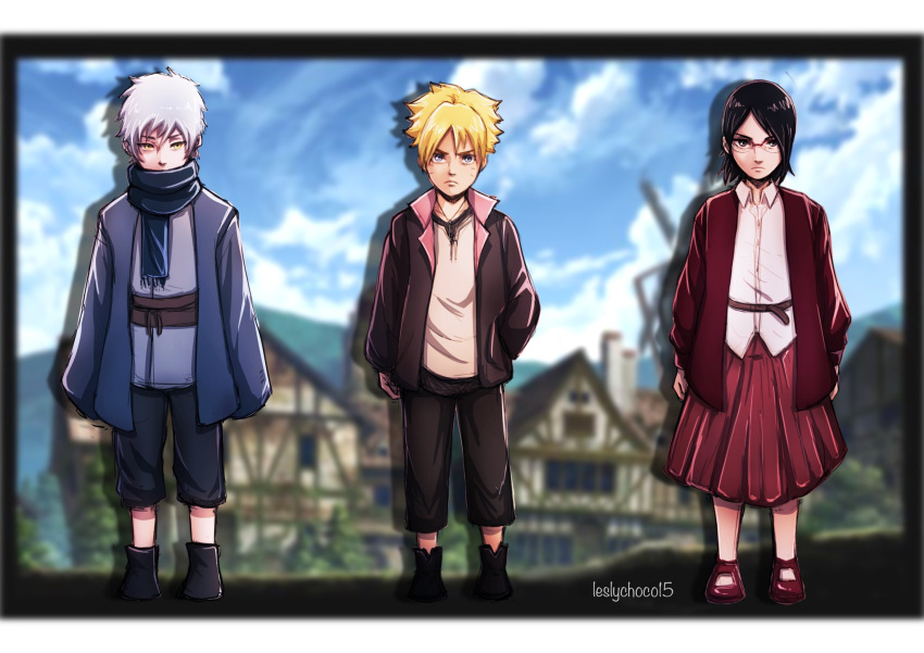 1girl 2boys armin_arlert armin_arlert_(cosplay) artist_name bangs black_footwear black_hair black_jacket black_pants blonde_hair blue_jacket blue_scarf blurry blurry_background boruto:_naruto_next_generations closed_mouth collared_shirt cosplay dress_shirt eren_yeager eren_yeager_(cosplay) frown full_body glasses grey_shirt highres jacket leslychoco15 letterboxed long_skirt long_sleeves looking_at_viewer mikasa_ackerman mikasa_ackerman_(cosplay) mitsuki_(naruto) multiple_boys naruto_(series) open_clothes open_jacket pants parted_bangs pleated_skirt red_footwear red_jacket red_skirt scarf shingeki_no_kyojin shiny shiny_hair shirt short_hair skirt standing uchiha_sarada uzumaki_boruto white_hair white_shirt wing_collar