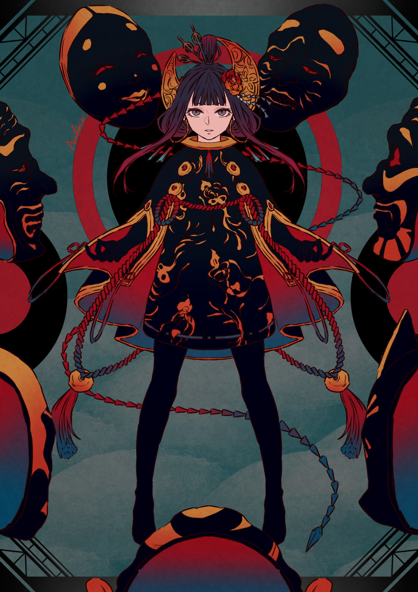 1girl absurdres black_dress black_hair bodystocking cape crescent crescent_hair_ornament dress earrings flower gradient_hair hair_flower hair_ornament highres hoop_earrings ichi_asakura jewelry looking_at_viewer mask menreiki multicolored_hair noh_mask onmyoji outstretched_arms parted_lips rope shimenawa solo spread_arms straight-on tassel topknot updo
