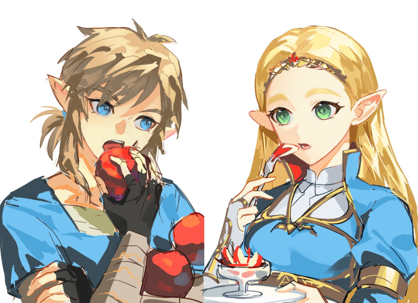 1boy 1girl apple_slice biting blonde_hair blue_dress blue_eyes blue_tunic breasts crown cup dress duoj_ji eating fingerless_gloves food fork fruit gloves green_eyes hand_on_own_arm highres holding holding_food holding_fork holding_fruit holding_plate link long_hair low_ponytail lower_teeth medium_breasts medium_hair open_mouth partially_fingerless_gloves plate pointy_ears princess_zelda puffy_sleeves shirt teeth the_legend_of_zelda the_legend_of_zelda:_breath_of_the_wild thick_eyebrows upper_body upper_teeth white_background white_shirt