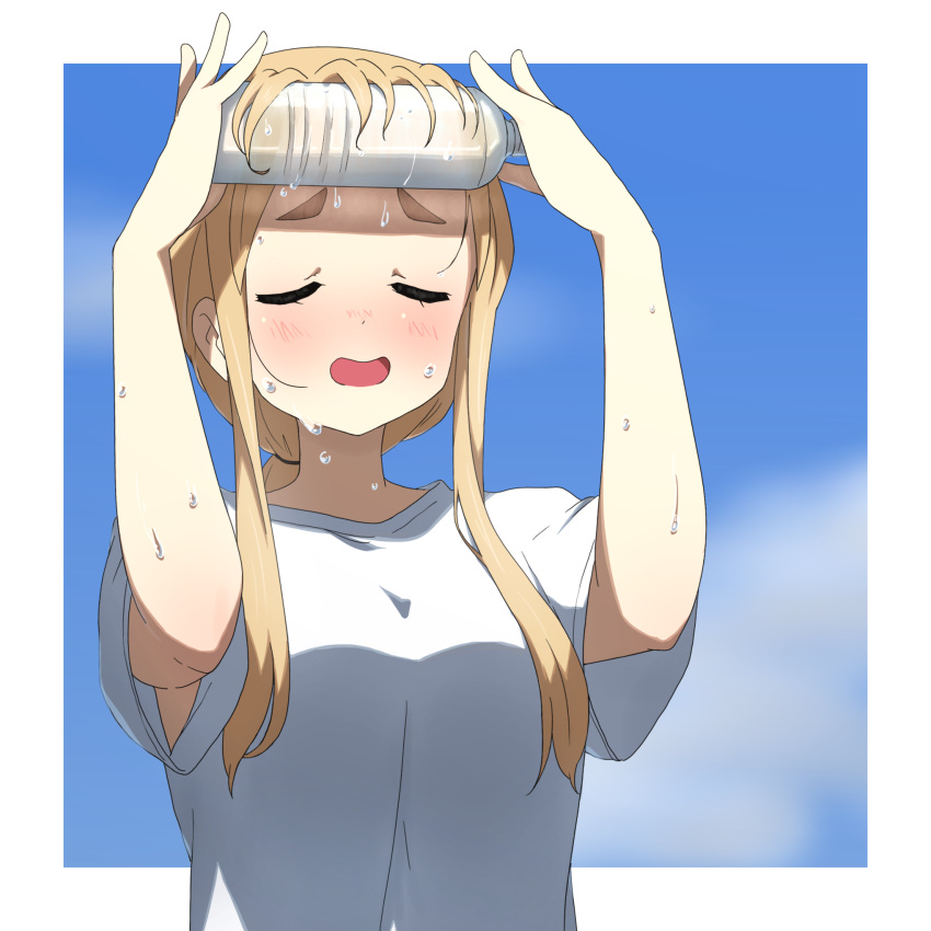 1girl arms_up blonde_hair blue_sky blush border bottle closed_eyes commentary_request highres k-on! kicchi_(tmgk) kotobuki_tsumugi long_hair open_mouth shirt short_sleeves sky solo sweat thick_eyebrows upper_body water_bottle white_border white_shirt