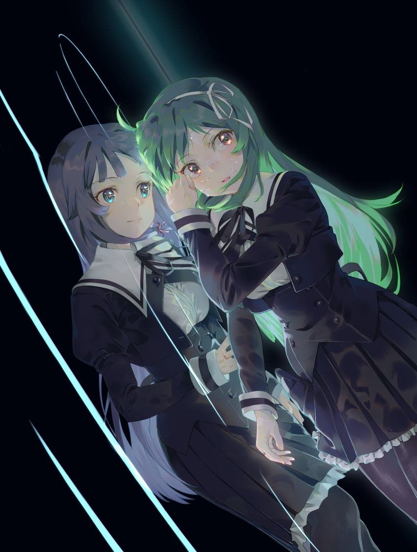 2girls a.k.a.zkin absurdres against_glass ahoge aqua_eyes arm_at_side assault_lily bangs banshouya_ena black_background black_legwear black_ribbon black_skirt bow_hairband breasts bright_pupils buttons clenched_hand closed_mouth commentary_request cropped_jacket dutch_angle glass green_hair hair_ribbon hairband hand_on_glass hand_up high-waist_skirt highres in_container jewelry juliet_sleeves light_smile long_hair long_sleeves looking_at_another looking_at_viewer lying medium_breasts miniskirt multicolored_eyes multiple_girls neck_ribbon orange_eyes pantyhose parted_lips puffy_sleeves purple_hair purple_ribbon ribbon ring school_uniform shiny shiny_hair shirt sidelocks simple_background skirt sleeves_past_wrists standing swept_bangs tanaka_ichi tress_ribbon very_long_hair violet_eyes water_drop white_hairband white_pupils white_ribbon white_shirt yurigaoka_girls_academy_school_uniform