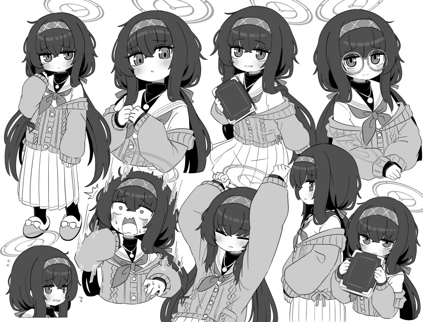 1girl :o ^^^ arms_up bags_under_eyes bangs blue_archive blush book cardigan closed_eyes closed_mouth flying_sweatdrops glasses greyscale grin hair_between_eyes halo highres holding holding_book long_sleeves monochrome multiple_views naga_u neckerchief off_shoulder open_cardigan open_clothes open_mouth pantyhose parted_lips pleated_skirt puffy_long_sleeves puffy_sleeves round_eyewear sailor_collar school_uniform serafuku shirt simple_background skirt sleeves_past_wrists slippers smile standing surprised ui_(blue_archive) wavy_mouth white_background