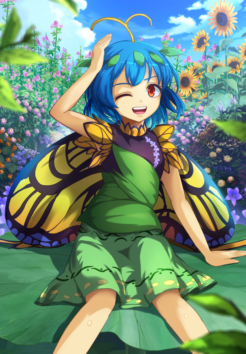 1girl absurdres antennae aqua_hair azumi_(madogiwa_bocchi_seki) butterfly_wings day dress eternity_larva fairy field flower flower_field green_dress hair_between_eyes highres leaf leaf_on_head multicolored_clothes multicolored_dress one_eye_closed open_mouth orange_eyes pink_flower purple_flower red_flower short_hair short_sleeves smile solo sunflower touhou wings yellow_flower