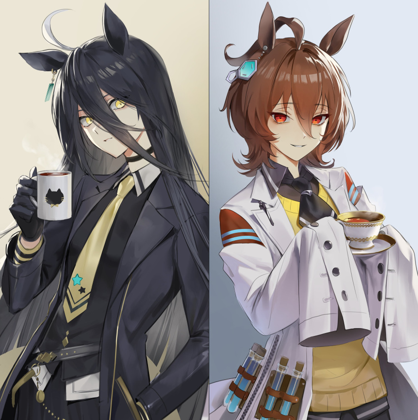 0jae 2girls absurdres agnes_tachyon_(umamusume) ahoge animal_ears bangs black_gloves black_jacket black_necktie black_shirt black_skirt brown_hair choker closed_mouth coffee collared_shirt cup earrings gloves hair_between_eyes hand_in_pocket highres holding holding_cup horse_ears jacket jewelry labcoat long_hair long_sleeves looking_at_viewer manhattan_cafe_(umamusume) medium_hair multicolored_hair multiple_girls neckerchief necktie open_clothes open_jacket parted_lips pen red_eyes saucer shirt short_necktie single_earring skirt sleeves_past_fingers sleeves_past_wrists smile solo steam streaked_hair sweater teacup test_tube umamusume upper_body yellow_eyes yellow_neckerchief yellow_sweater