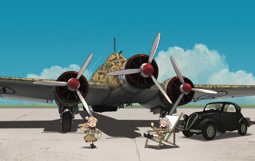 2girls aircraft aircraft_request airplane annin_musou blue_sky bottle camouflage car chair closed_eyes clouds commentary_request day fairy_(kancolle) grey_hair ground_vehicle kantai_collection long_hair lounge_chair minigirl motor_vehicle multiple_girls outdoors pola_(kancolle) running sky vehicle_request zara_(kancolle)