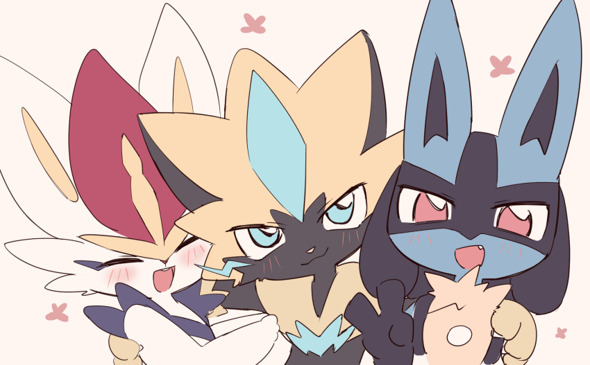 3boys :3 ^_^ animal_ears animal_hands animal_nose arm_around_shoulder black_fur blue_eyes blue_fur blush body_fur buck_teeth cat_boy cat_ears chibi cinderace claws closed_eyes closed_mouth commentary_request flat_color furry furry_male hand_up hands_up happy highres looking_at_viewer lucario male_focus multicolored_fur multiple_boys open_mouth pink_background pokemon pokemon_(creature) rabbit_boy rabbit_ears red_eyes redhead short_hair simple_background sketch smile syuya teeth upper_body v white_fur wolf_boy wolf_ears yellow_fur zeraora
