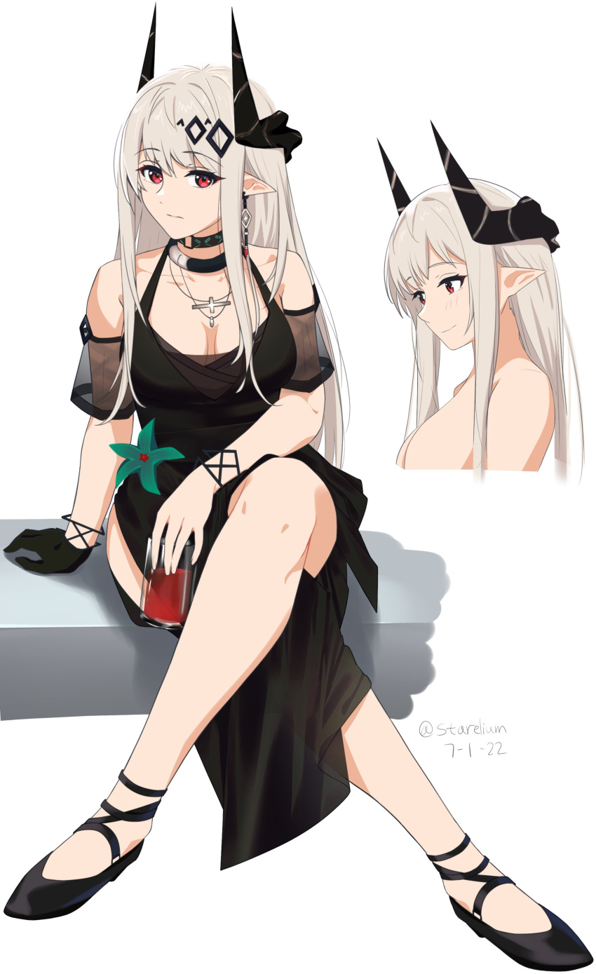 1girl absurdres arknights black_choker black_collar black_dress choker collar crossed_legs cup demon_horns dress drinking_glass ear_piercing gloves grey_hair highres holding holding_cup horns infection_monitor_(arknights) jewelry mudrock_(arknights) mudrock_(obsidian)_(arknights) necklace official_alternate_costume piercing pointy_ears red_eyes red_wine single_glove sitting starelium upper_body white_background