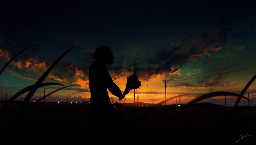 1girl absurdres bouquet chinese_commentary clouds cloudy_sky commentary dated from_behind grass highres holding holding_bouquet long_sleeves original outdoors power_lines scenery short_hair signature silhouette sky skyrick9413 solo sunset utility_pole