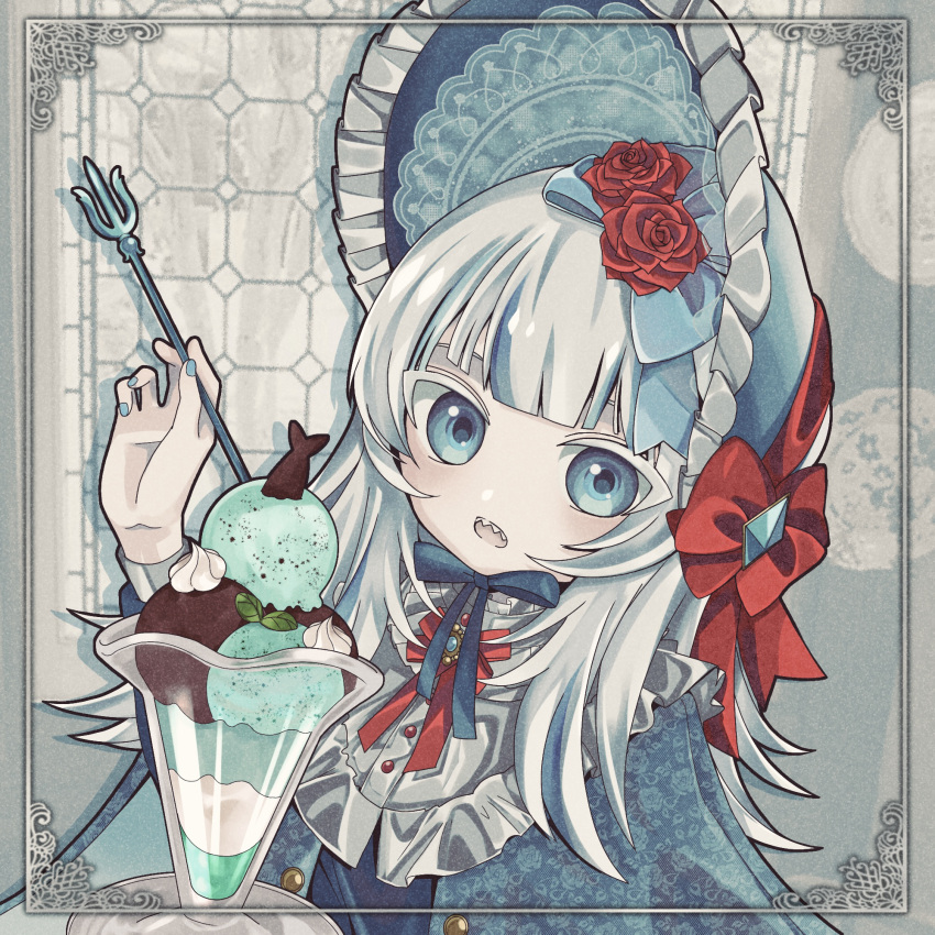 1girl bangs blue_eyes blue_hair blunt_bangs blush bonnet border bow brooch chocolate colored_eyelashes fish_tail flower food frilled_hat frilled_shirt_collar frills gawr_gura gem glass hair_bow hair_flower hair_ornament hand_up hat hat_bow hat_ribbon highres holding_trident hololive hololive_english ice_cream jewelry lolita_fashion long_hair long_sleeves looking_at_viewer mint_chocolate_chip multicolored_hair nail_polish neck_ribbon open_mouth patterned_clothing pocan ribbon rose sharp_teeth sleeve_cuffs solo streaked_hair sundae tail teeth triple_scoop white_hair