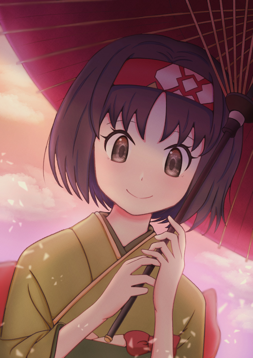 1girl absurdres bangs black_eyes black_hair erika_(pokemon) green_kimono hairband hakusai_(user_nkkd7242) highres holding holding_umbrella japanese_clothes kimono looking_at_viewer oil-paper_umbrella pokemon pokemon_(game) pokemon_lgpe red_hairband short_hair smile solo umbrella upper_body