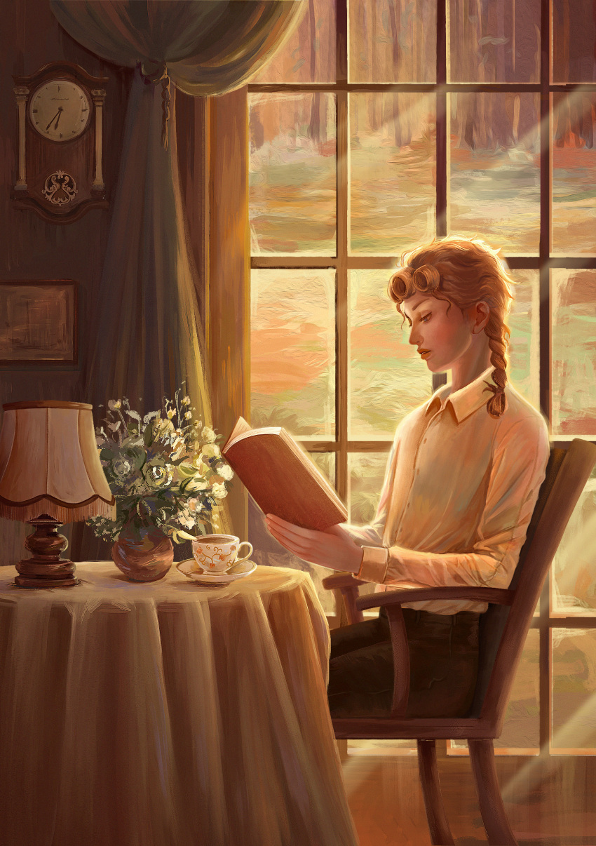 1boy absurdres blonde_hair blue_eyes book braid chair clock collared_shirt cup curtains faux_traditional_media flower giorno_giovanna highres holding holding_book indoors jojo_no_kimyou_na_bouken koha_(xxkohaku) lamp light_rays long_hair looking_down male_focus ocean painting_(medium) parted_lips photo_(object) reading shirt sitting solo sunset table tablecloth teacup traditional_media vase vento_aureo wall_clock window