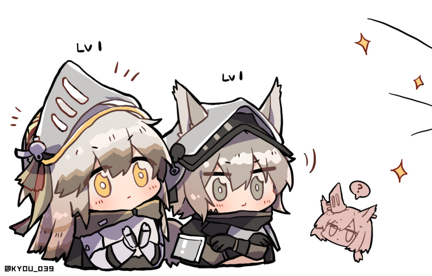 3girls ? animal_ears arknights ashlock_(arknights) black_gloves brown_hair chibi clapping crossed_arms ear_covers ears_through_headwear fartooth_(arknights) flametail_(arknights) gauntlets gloves grey_eyes hair_between_eyes highres kyou_039 long_hair multiple_girls notice_lines oripathy_lesion_(arknights) short_hair sparkle spoken_question_mark squirrel_ears squirrel_girl upper_body visor_(armor) visor_lift