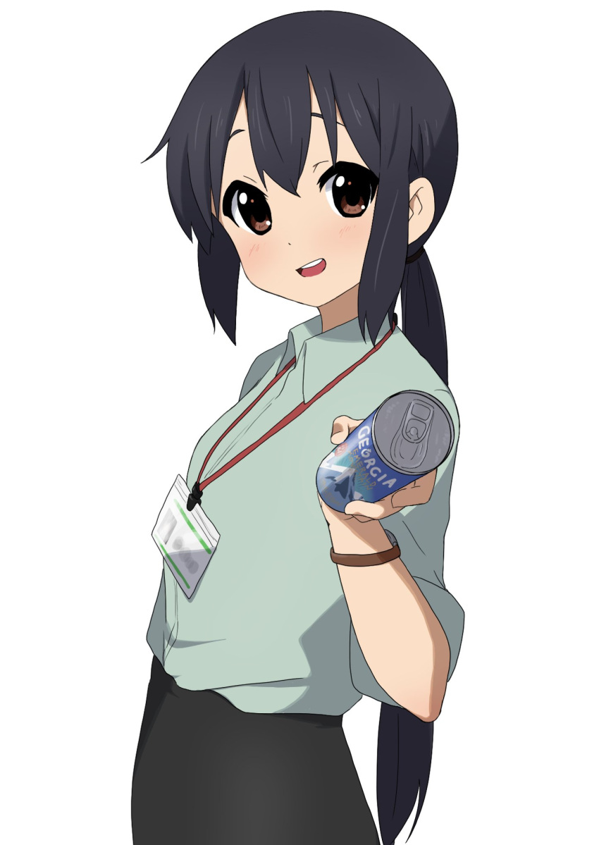 1girl alternate_costume alternate_hairstyle bangs beer_can black_hair black_skirt brown_eyes can collared_shirt green_shirt high-waist_skirt highres holding holding_can k-on! kicchi_(tmgk) lanyard long_hair looking_at_viewer low_ponytail nakano_azusa office_lady older open_mouth pencil_skirt shirt sidelocks simple_background skirt smile solo upper_body watch watch white_background
