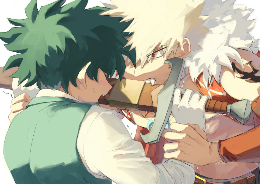 2boys absurdres bakugou_katsuki bare_shoulders belt biting blonde_hair boku_no_hero_academia closed_mouth commentary detached_sleeves freckles fur_trim gloves green_hair green_vest highres holding holding_another's_wrist holding_sword holding_weapon korean_commentary long_sleeves looking_at_another male_focus midoriya_izuku multiple_boys nicknamemohazi red_eyes shirt short_hair shoulder_tattoo spiky_hair sword tattoo teeth topless_male trembling vest weapon white_gloves white_shirt