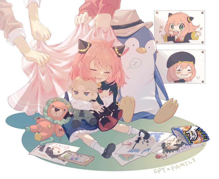 1boy 1other 2girls anya_(spy_x_family) bangs blush chibi closed_eyes commentary copyright_name director_chimera_(spy_x_family) full_body green_eyes hat highres looking_at_viewer medium_hair multiple_girls on_floor open_mouth pink_hair rabb_horn sleeping smile smirk spy_x_family teeth toy twilight_(spy_x_family) upper_teeth yor_briar younger