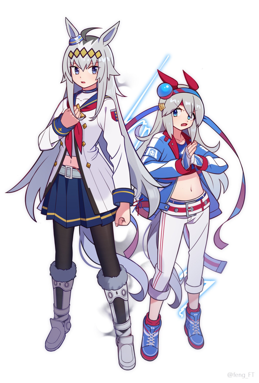 animal_ears black_legwear blue_eyes blue_footwear blue_jacket blue_skirt boots clenched_hands ear_covers fang feng_ft_um full_body fur-trimmed_boots fur_trim grey_hair hairband highres horse_ears horse_girl horse_tail jacket long_hair looking_at_viewer midriff navel neckerchief oguri_cap_(umamusume) open_mouth pants pantyhose pleated_skirt red_neckerchief shoes simple_background skirt sneakers tail tamamo_cross_(umamusume) twitter_username umamusume white_background white_footwear white_pants