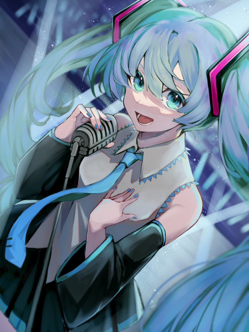 1girl bangs bare_shoulders black_skirt blue_eyes blue_hair blue_nails blue_necktie breasts collared_shirt commentary_request detached_sleeves fingernails frilled_shirt_collar frills grey_shirt hand_on_own_chest hatsune_miku highres holding long_hair long_sleeves microphone murumuru_(pixiv51689952) music necktie open_mouth pleated_skirt shirt singing skirt sleeveless sleeveless_shirt small_breasts solo twintails very_long_hair vocaloid wide_sleeves