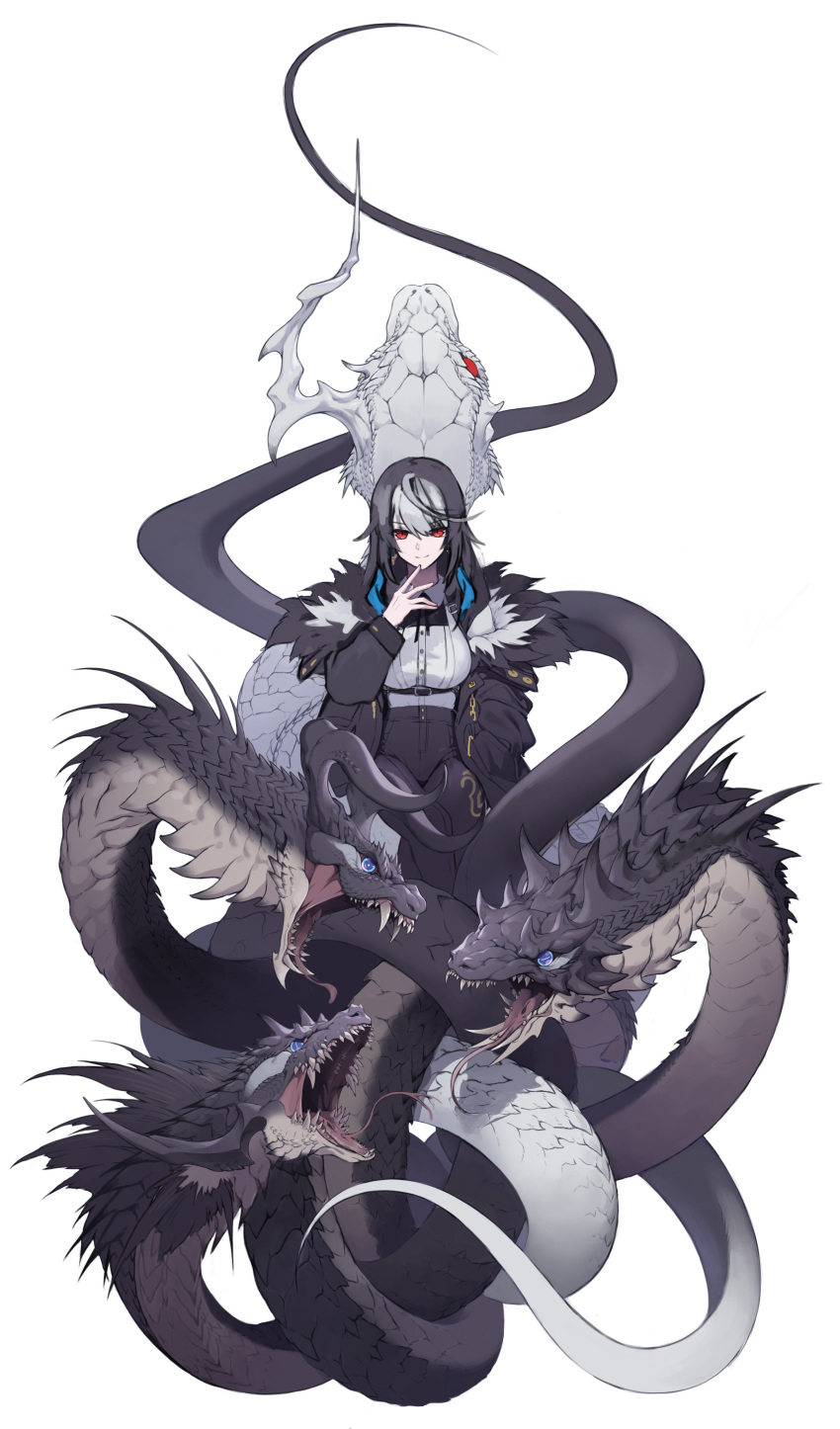 1girl absurdres ahoge black_hair blue_eyes bright_pupils chain closed_mouth crossed_legs earrings finger_to_own_chin fur_trim grey_background grey_hair hair_between_eyes han_seryun_(2hbpencil) hand_in_pocket highres horizontal_pupils horns huge_ahoge hydra jewelry long_hair multicolored_hair no_pupils one-eyed open_mouth original red_eyes sharp_teeth simple_background single_eye single_horn slit_pupils smile snake teeth tight tongue tongue_out white_pupils white_snake