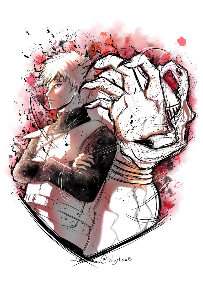 1boy black_jacket crossed_arms gaara_(naruto) highres jacket leslychoco15 long_sleeves male_focus naruto_(series) naruto_shippuuden short_hair solo twitter_username upper_body vest white_background white_hair white_vest