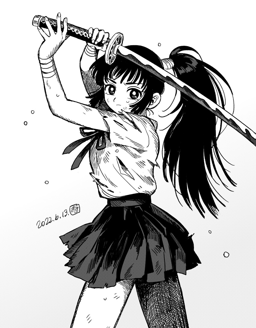 1girl absurdres arms_up bandaged_arm bandaged_wrist bandages closed_mouth dated fingernails greyscale hatching_(texture) highres holding holding_sword holding_weapon katana long_hair looking_at_viewer monochrome original outsuki ponytail ribbon school_uniform serafuku signature skirt solo sweat sword torn torn_clothes torn_skirt uniform weapon