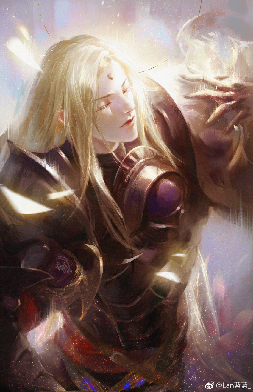 1boy armor blonde_hair breastplate closed_eyes commentary english_commentary final_fantasy final_fantasy_xiv from_side garlean glowing hand_up highres long_hair male_focus pauldrons platinalsh realistic shards shoulder_armor solo straight_hair third_eye upper_body zenos_yae_galvus