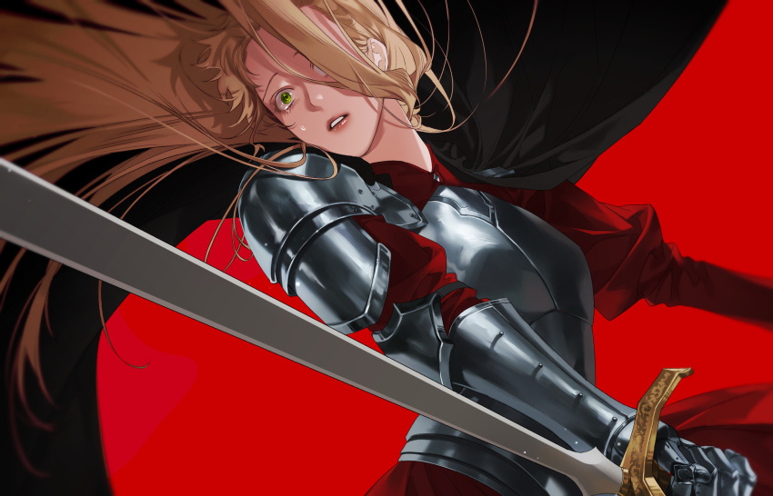 1girl armor asae_(1313604a) blonde_hair breastplate crying crying_with_eyes_open eyelashes gauntlets green_eyes highres holding holding_sword holding_weapon long_hair original parted_lips pauldrons puffy_sleeves red_background red_lips shoulder_armor simple_background single_pauldron solo sword tears teeth weapon