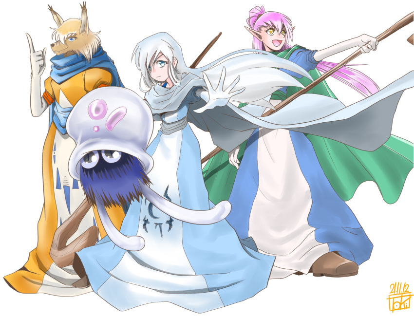 1other 3girls :d alef_(shining_force) anri_(shining_force) blue_cape blue_eyes blue_robe brown_footwear cape creature dated domingo elbow_gloves fox_girl furry gloves green_cape grey_cape highres holding holding_staff long_hair multiple_girls pointy_ears purple_hair robe shining_(series) shining_force_i smile staff standing tao_(shining_force) toki_tencho trait_connection white_background white_gloves white_hair yellow_eyes