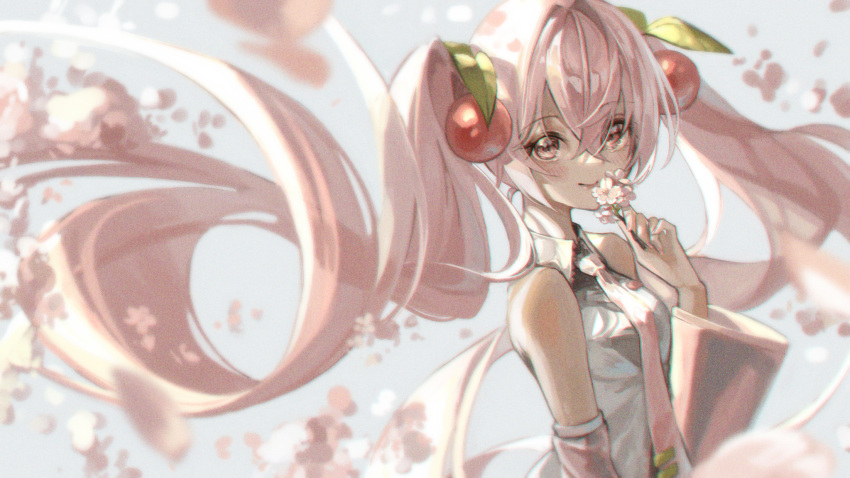 1girl bangs blush breasts cherry_blossoms closed_mouth collared_shirt detached_sleeves floating_hair flower from_side hair_between_eyes hair_ornament hatsune_miku highres holding holding_flower long_hair long_sleeves looking_at_viewer marutani motion_blur necktie pink_hair pink_necktie pink_sleeves red_eyes sakura_miku shiny shiny_hair shirt sleeveless sleeveless_shirt small_breasts smile solo twintails upper_body very_long_hair vocaloid white_flower white_shirt wing_collar