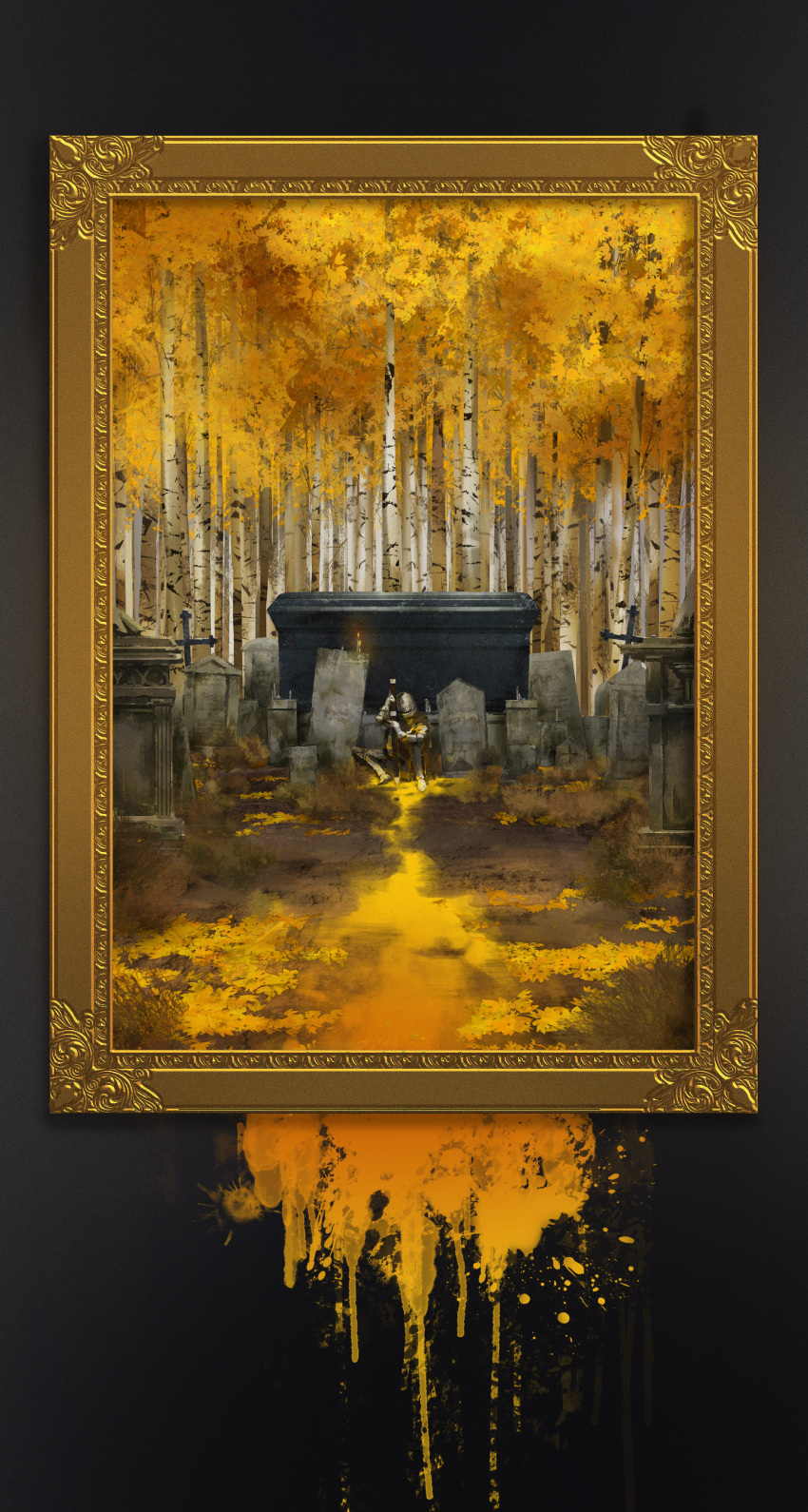 1other absurdres armor autumn bleeding blood brown_cloak candle cloak coffin cross film_grain fire flame full_armor grave highres holding holding_sheath hui_feng knight no_humans original outdoors paint paint_splatter painting_(object) picture_frame sheath solo tombstone tree yellow_blood