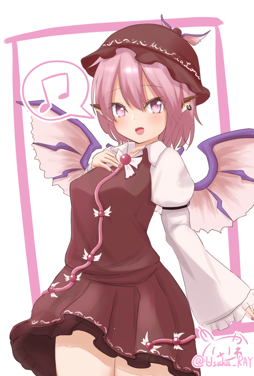 1girl animal_ears beamed_eighth_notes bird_ears bird_wings blush brown_dress brown_headwear cowboy_shot dress earrings fingernails frilled_sleeves frills hair_between_eyes highres jewelry long_fingernails long_sleeves musical_note mystia_lorelei nail_polish open_mouth pink_eyes pink_hair pink_nails sharp_fingernails short_hair signature single_earring smile solo spoken_musical_note touhou twitter_username usaka_ray white_wings wide_sleeves winged_hat wings