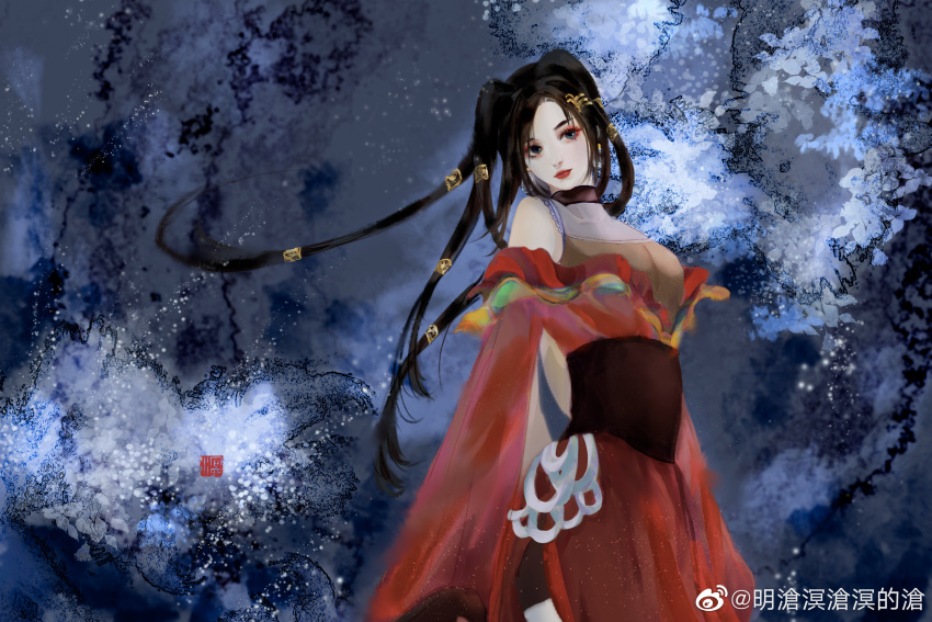 1girl black_hair chi_lian_(qin_shi_ming_yue) closed_mouth earrings eye_mask from_side hair_ornament highres jacket jewelry long_hair long_sleeves looking_to_the_side ming_cang_ming_cang_ming_de_cang multicolored_background qin_shi_ming_yue red_jacket shorts solo upper_body