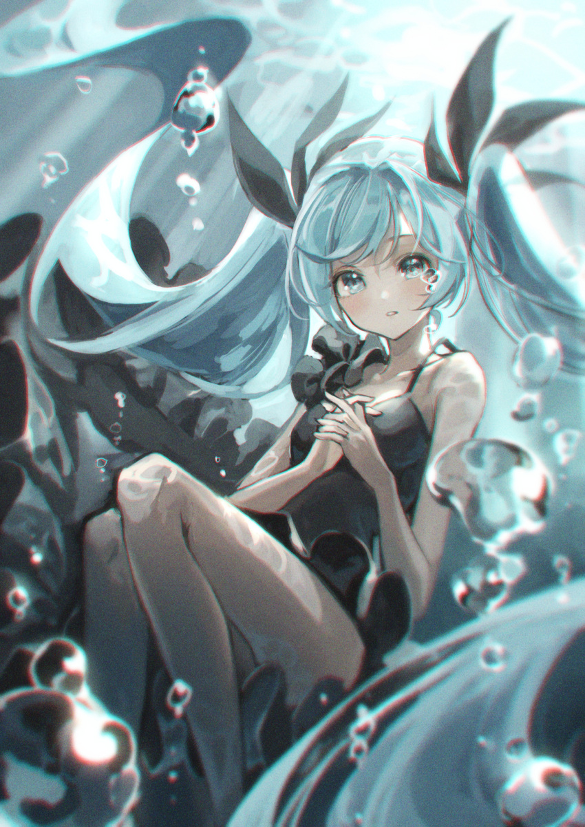 1girl absurdly_long_hair bangs bare_arms bare_legs black_bow black_dress blue_hair bow breasts bubble collarbone dress floating_hair grey_eyes hair_bow hatsune_miku highres long_hair looking_at_viewer marutani own_hands_clasped own_hands_together parted_lips shinkai_shoujo_(vocaloid) short_dress sleeveless sleeveless_dress small_breasts solo strap_gap twintails underwater very_long_hair vocaloid
