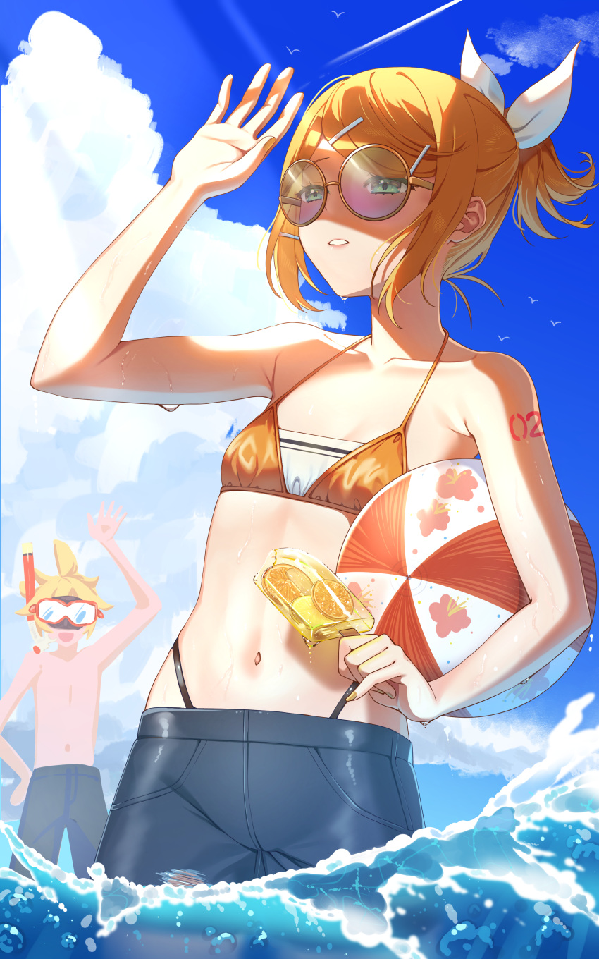1boy 1girl absurdres ahoge arm_up ball bare_arms bare_shoulders beachball bikini bikini_under_clothes bird blonde_hair blue_sky bow breasts clouds collarbone diving_mask food goggles hair_bow hair_ornament hair_ribbon hairclip half-closed_eyes hand_on_hip highres holding holding_ball holding_food inu8neko kagamine_len kagamine_rin light_rays male_swimwear midriff navel number_tattoo ocean partially_submerged popsicle ribbon seagull short_hair short_ponytail shorts shoulder_tattoo sky small_breasts smile snorkel soaking_feet solo_focus sunbeam sunglasses sunlight swim_trunks swimsuit tattoo topless_male vocaloid water waves waving yellow_nails