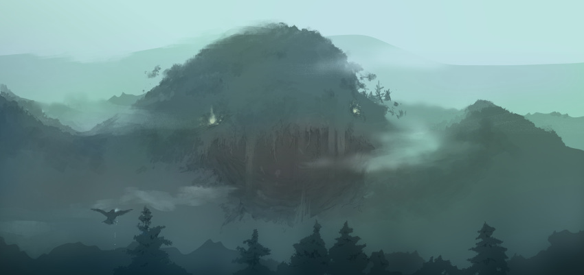 amayadori-tei bird commentary_request day fog forest glowing glowing_eyes green_theme highres monster mountainous_horizon nature no_humans open_mouth outdoors pixiv_fantasia pixiv_fantasia_last_saga tree