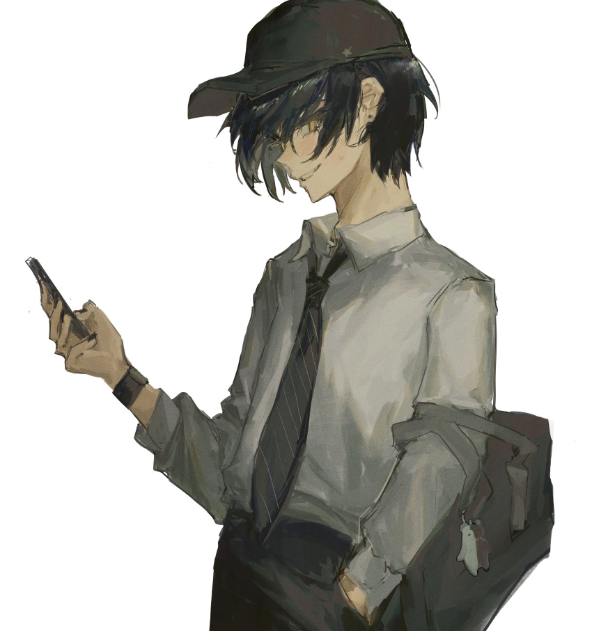 1boy absurdres akemi_(callitopia) alternate_costume bangs black_hair black_headwear black_necktie black_pants brown_eyes collared_shirt danganronpa_(series) danganronpa_v3:_killing_harmony grey_background grey_shirt grin highres holding holding_phone male_focus monokuma necktie pants phone saihara_shuuichi shirt shirt_tucked_in short_hair simple_background smile striped_necktie teeth