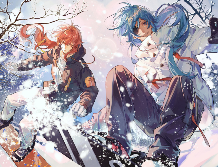 2boys bare_tree black_gloves black_jacket blue_eyes blue_hair branch brothers contemporary diluc_(genshin_impact) eyepatch from_below genshin_impact gloves grin highres hood jacket kaeya_(genshin_impact) kkkktzr1 long_hair looking_at_another looking_at_viewer male_focus multiple_boys overcast pants parted_lips ponytail red_eyes redhead serious shoes siblings smile sneakers snow snowboard snowboarding snowing teeth tree white_gloves white_jacket