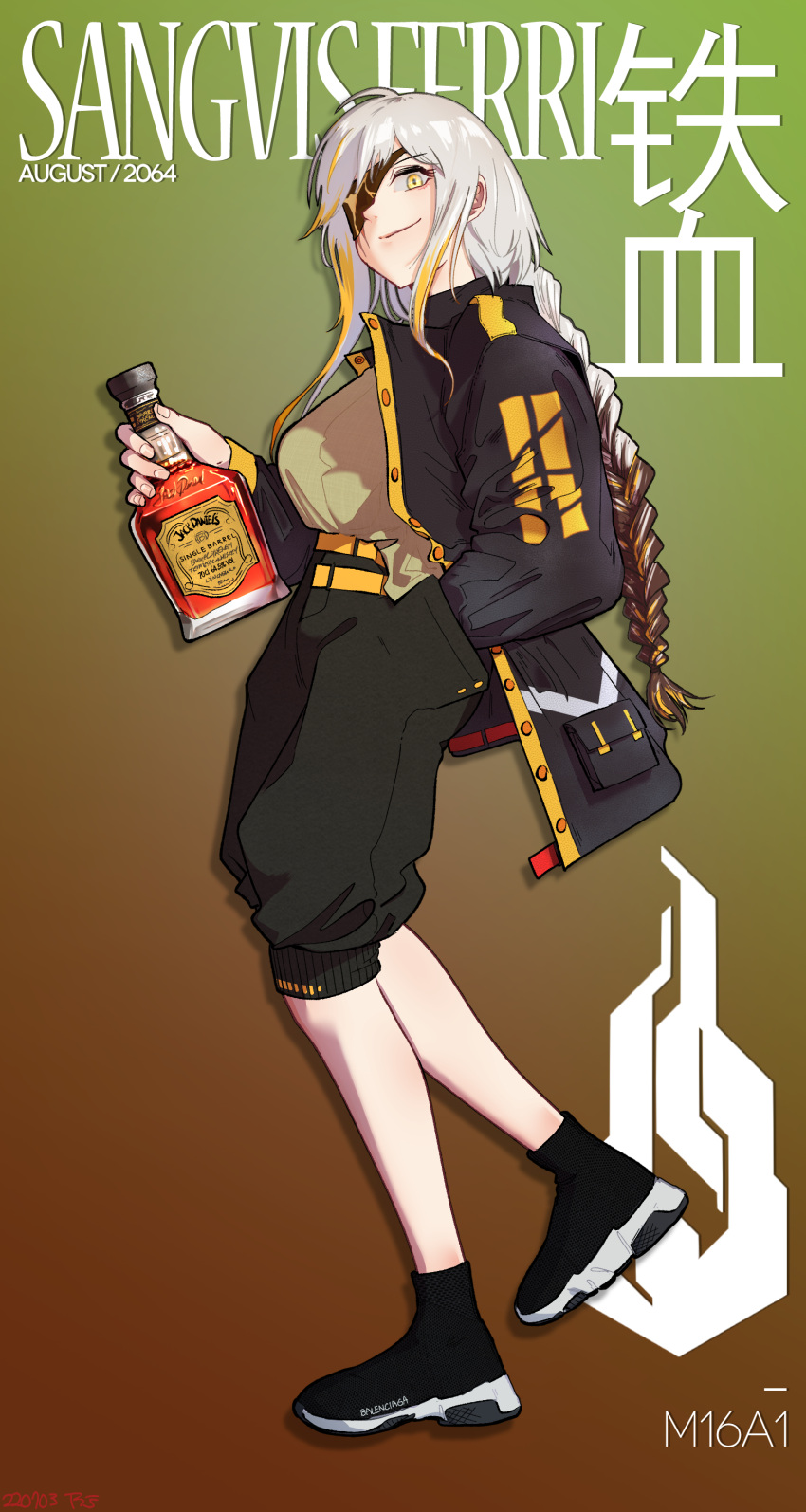 1girl absurdres black_footwear black_jacket black_shorts blonde_hair bottle braid breasts brown_hair eyepatch full_body girls_frontline hand_in_pocket highres holding holding_bottle jack_daniel's jacket large_breasts long_braid long_hair long_sleeves m16a1_(boss)_(girls'_frontline) multicolored_hair open_clothes open_jacket radish_p shirt shoes shorts sidelocks single_braid sneakers solo streaked_hair white_hair yellow_eyes yellow_shirt