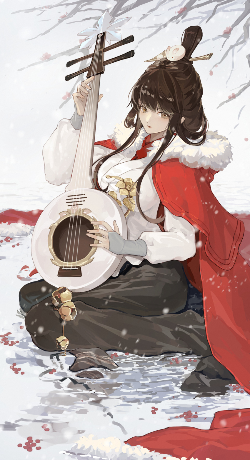 1girl absurdres black_hair branch brown_eyes cape chinese_clothes flower full_body fur-trimmed_cape fur_trim highres instrument lips lipstick long_hair makeup original puddle sitting sitting_on_water solo sumirou-kun wariza white_background